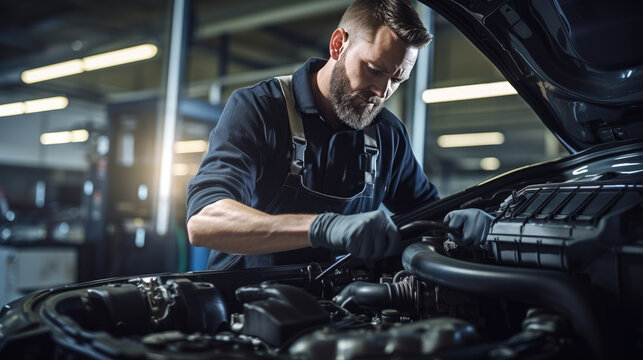 Portrait Shot of a Handsome Mechanic Working on a Vehicle in a Car Service. Professional Repairman is Wearing Gloves and Using a Ratchet Underneath the Car. Modern Clean Workshop. AI generated.