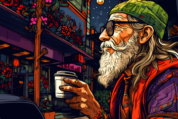 Lonely old man sipping coffee on a cold winter night. Portrait of a homeless senior citizen in autumn. A sad and unfortunate guy holding a cup with a hot drink