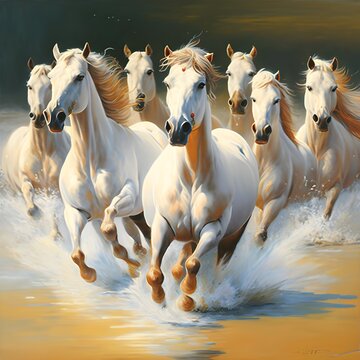 painting of 9 white golden horses Tennessee horse breed bold horses vastu painting long neck galloping in sea splashes of water sand sunrise effect high detailing hd eyes and body of horses horses 