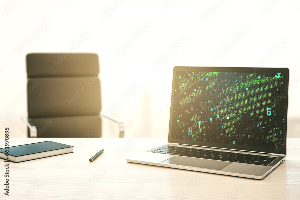 Fototapete modern computer display with abstract software development hologram and world map, global research a