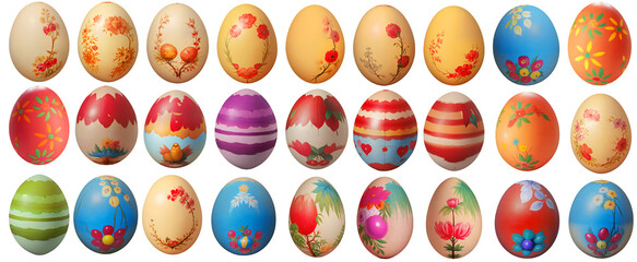 Set of Easter egg with colorful floral / flower pattern painting, isolated on transparent background cutout - png - image compositing footage - alpha channel