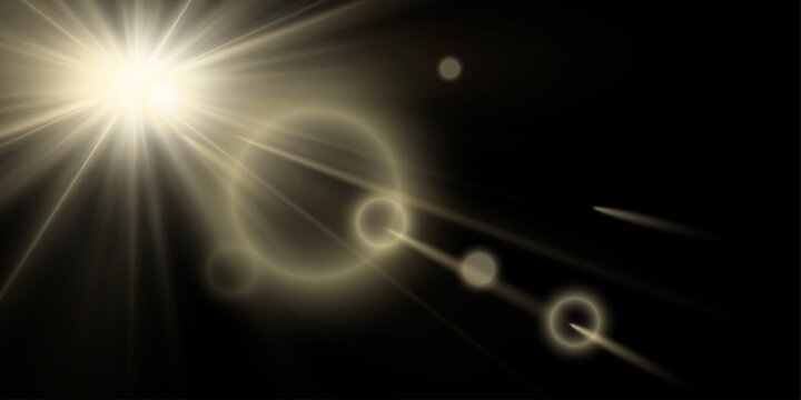 Shining sun glare rays, lens flare illustration. Sunlight glowing vector effect with black background use like PNG with Screen blend mode.