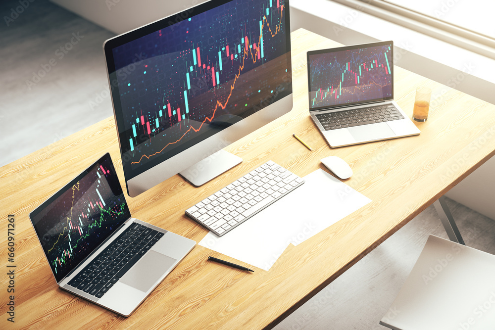 Poster modern computer monitor with abstract creative financial chart, research and strategy concept. 3d re