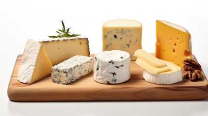 Cheese plate with different types of cheeses on a wooden plate on white background