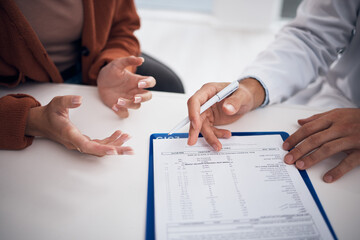 Doctor, hands and documents with patient in consultation for life insurance, policy or legal...