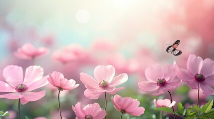 Beautiful pink flowers, fresh spring morning on nature and butterfly on soft green background. Spring, amazing artistic image, elegant