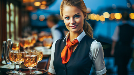 Elegant yacht stewardess with champagne tray amid luxurious surroundings. - obrazy, fototapety, plakaty