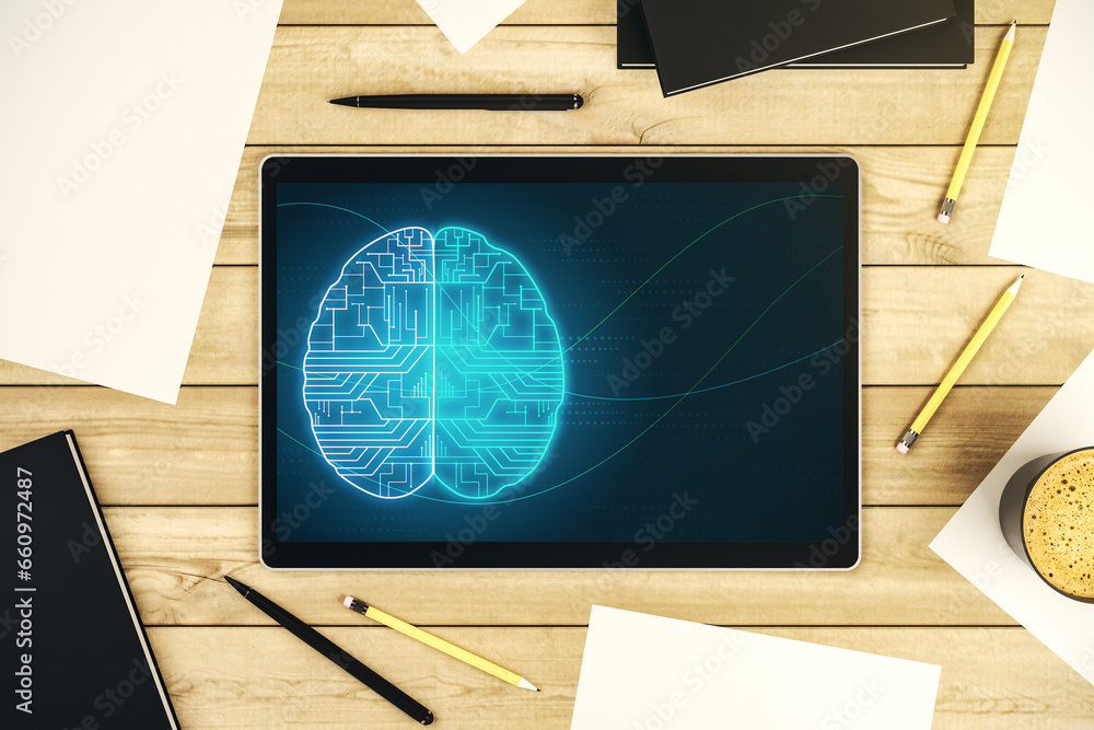 Poster creative artificial intelligence concept with human brain sketch on modern digital tablet display. t