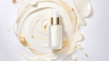 Cosmetic ceramide serum with white liquid and drops background