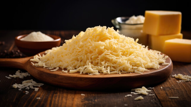 Grated cheese on wooden board