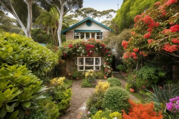 Fototapeta na wymiar Flower-adorned home in stunning garden. Generative AI