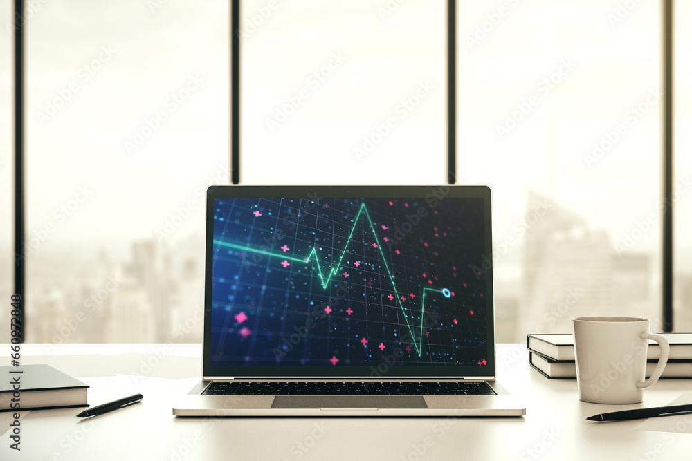 Poster creative abstract heart pulse hologram on modern computer monitor, online medical consulting concept