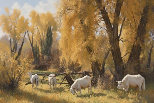 Paintings of goats grazing under trimmed willows during autumn. Generative AI