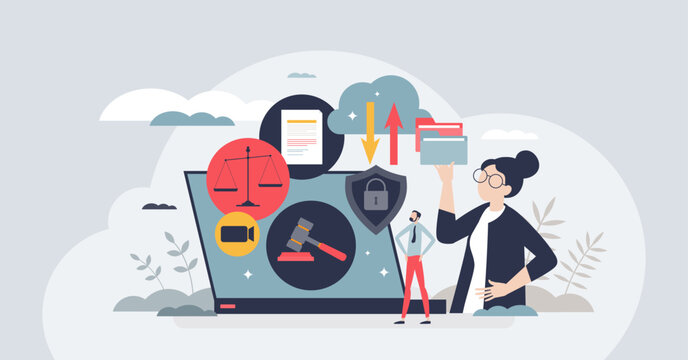 Court services online and tech usage for legally purposes tiny person concept. Technology for lawyer, judge and attorney information upload or download from cloud vector illustration. Justice system.