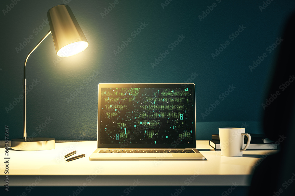 Leinwandbilder modern computer monitor with abstract programming language with world map, research and development 