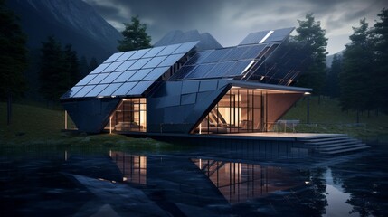 solar plate house on the bank of river  
