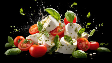 Mozzarella cheese balls, tomatoes and basil leaves for caprese salad flying on black background.