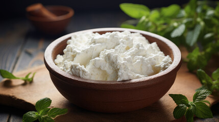 Farmer's cottage cheese in a traditional clay bowl on a dark wooden background.
