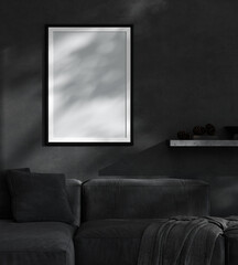 mockup poster frame in modern black interior background, Scandinavian style, 3D render, 3D illustration