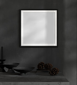 Square black frame mockup on dark plaster wall background, 3d rendering