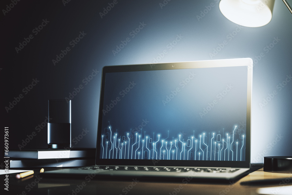 Aufkleber Creative abstract micro chip hologram on modern computer monitor, artificial intelligence and machine learning concept. 3D Rendering