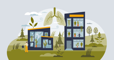 Clean breathing with fresh air for respiratory system tiny person concept. Office or home air purification for body wellness and care vector illustration. Breath quality and pure oxygen from forests.