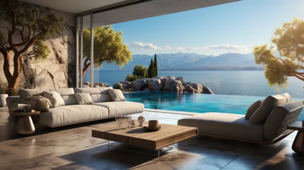 Gordijnen Luxurious terrace with beautiful view of the sea. © PIX OF WORLD AI