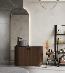 3d modern contemporary grey concrete bathroom with mirror, sink, wooden ladder and decorations