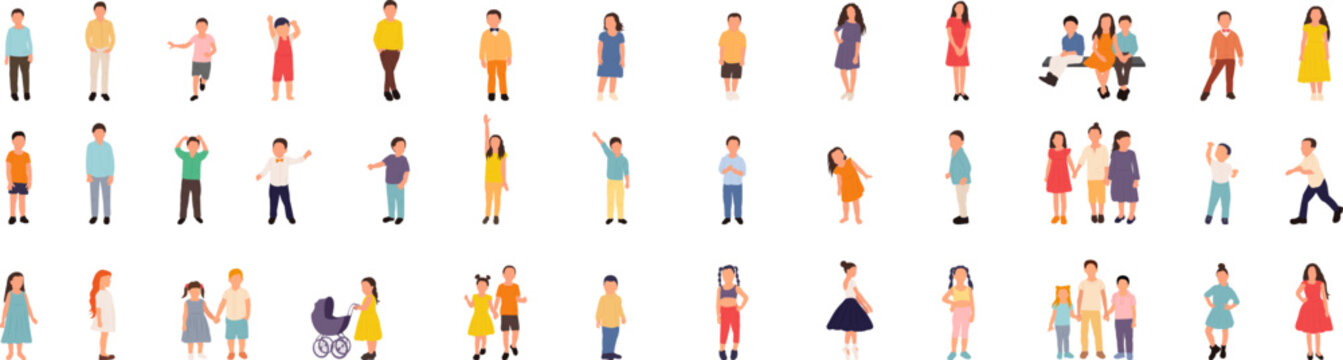 set of children, boys and girls in flat style, isolated vector