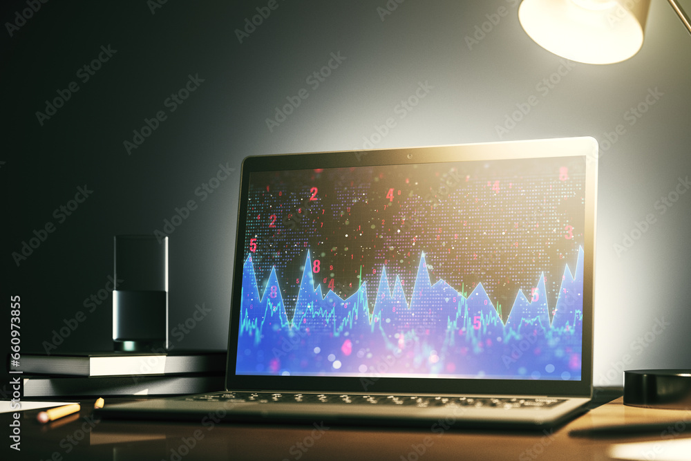 Poster modern computer monitor with abstract creative statistics data hologram, statistics and analytics co