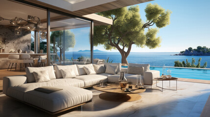 beach side luxury house interior with sea view.