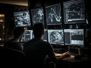 Intense Collaborative Effort: Two Software Engineers Debugging Complex Code on their Workstations, Profoundly Focused in a Dynamic Workspace