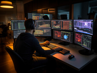 Intense Collaborative Effort: Two Software Engineers Debugging Complex Code on their Workstations, Profoundly Focused in a Dynamic Workspace