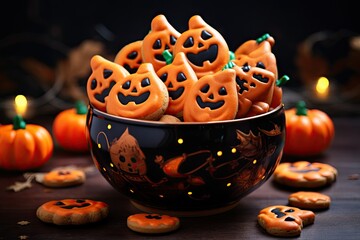 Spooky smiles. Halloween feast jack o lantern delights. Pumpkin grins and sweet treats. October chills. Scary and colorful candy
