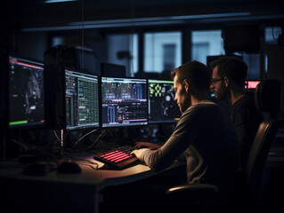 Intense Collaborative Effort: Two Software Engineers Debugging Complex Code on their Workstations, Profoundly Focused in a Dynamic Workspace