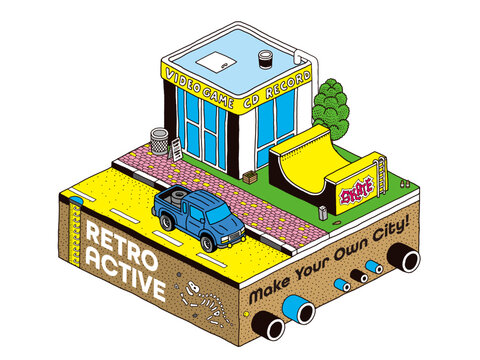 CDビデオショップやスケートボードのランプがある90年代の街を走る車のイメージイラスト素材