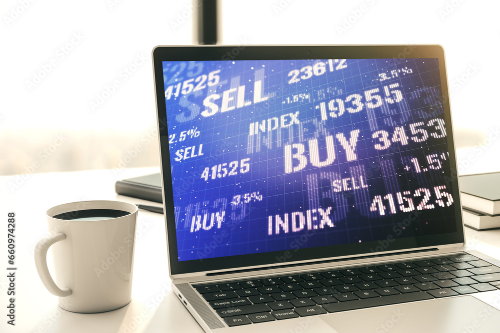 Poster modern computer monitor with abstract creative financial chart, research and strategy concept. 3d re