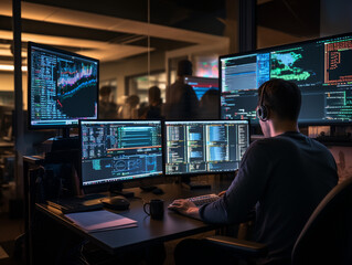 Intense Collaborative Effort: Two Software Engineers Debugging Complex Code on their Workstations, Profoundly Focused in a Dynamic Workspace