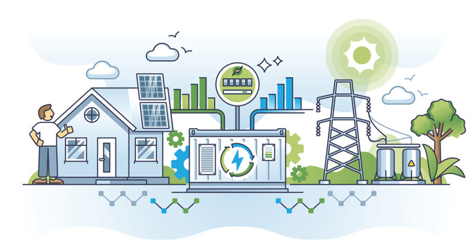 Solar energy inverters for nature friendly power system outline concept. Storage and DC current inversion to AC electricity vector illustration. Off grid battery system in photovoltaic sun collector.