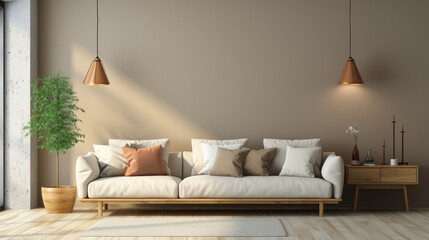 Living room interior with lamp and sofa.