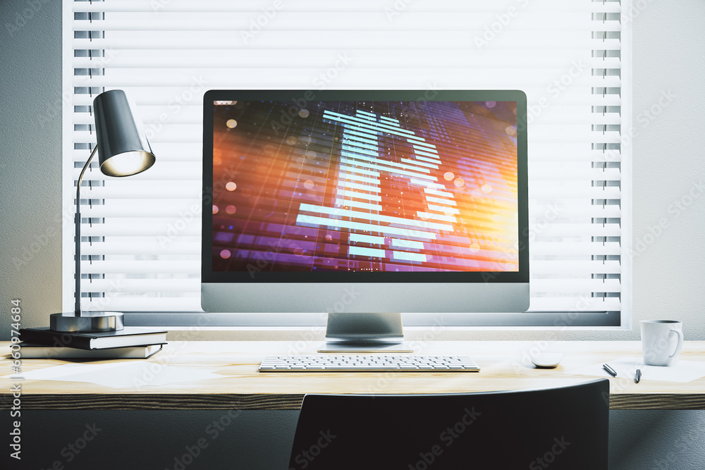 Aufkleber Modern computer monitor with creative Bitcoin symbol. Cryptocurrency concept. 3D Rendering
