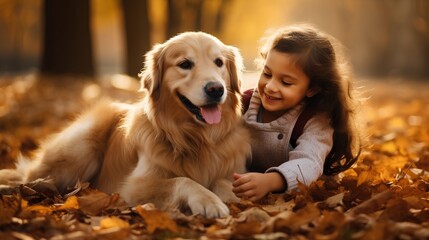 Young child bonding with pet dog. Kids joy and dogs loyalty for happy childhood and true friendship between a pet and its owner. Activities with golden retriever as true loyal family dog.