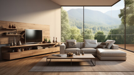 Interior of living room with soft sofa.