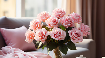 Beautiful pink rose bouquet in living room on table.