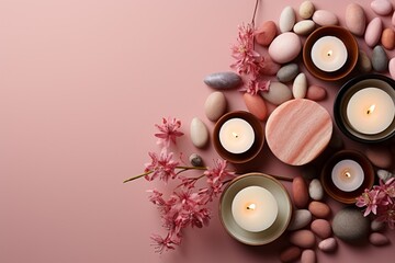 Obraz na płótnie Canvas Minimalist spa arrangement featuring candles and stones on a pastel background, inviting relaxation and rejuvenation, Generative AI