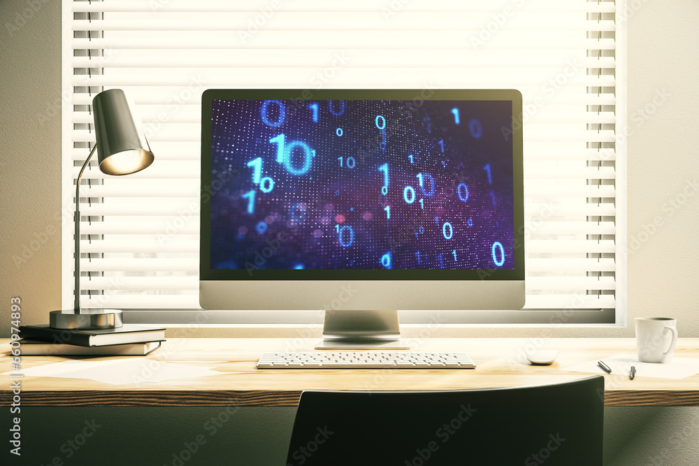 Leinwandbilder creative abstract binary code sketch on modern laptop monitor, hacking and matrix concept. 3d render