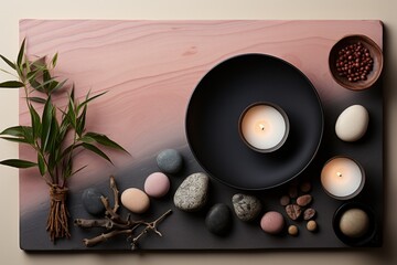  Minimalist spa arrangement featuring candles and stones, set against a tropical backdrop, inviting relaxation and rejuvenation, Generative AI