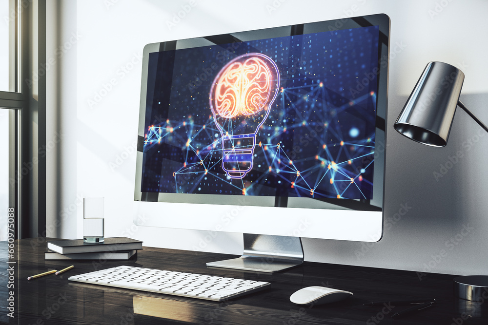 Leinwandbilder modern computer monitor with creative light bulb hologram with human brain, idea and brainstorming c