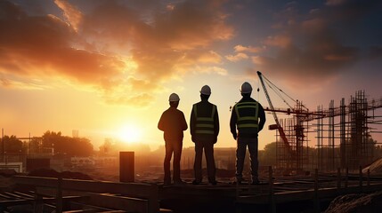 Silhouette workers ,Construction workers discuss the building plans Work Safety officer or Civil Engineer ,Generative Ai