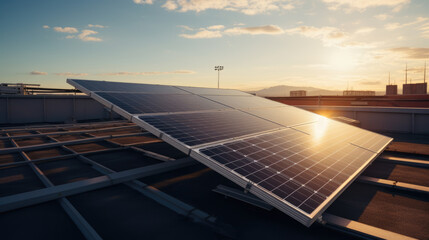 Solar cell farm power plant against sky. Eco technology.